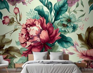 Botanik Suluboya Elle Çizilmiş Çiçekler Yatak Odası Duvar Kağıdı