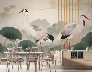 Lotus Çiçekleri Ile Çin Turna Kuşları Duvar Kağıdı