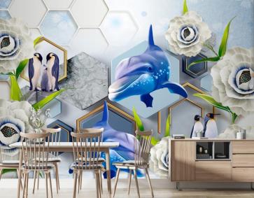Çiçek Balina Ve Penguen 3D Duvar Kağıdı