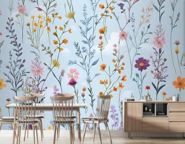 Renkli Çiçekler Mavi Duvar Kağıdı 