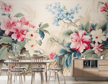 Tropikal Çiçekler Ve Yapraklarla Çiçek Duvar Kağıdı