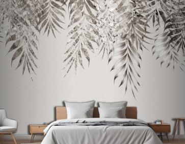 Gri Dallar Ağaç Yaprakları Çizim Yatak Odası Duvar Kağıdı