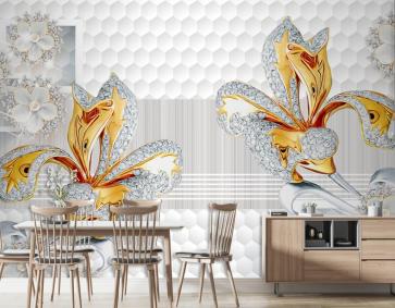 Gümüş Ve Altın Detaylı Çiçekli Arka Planlı 3D Duvar Kağıdı