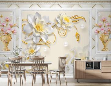 Kalıplı Klasik Iç Duvar Çiçek Kuğu 3D Duvar Kağıdı