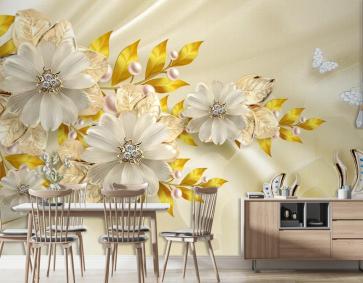 Kuğu Kelebek Çiçekli Arka Planlı 3D Duvar Kağıdı