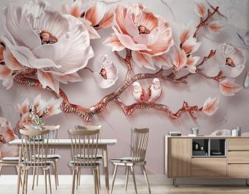 Mermer Arka Planlı Çiçek Ve Kuşlar 3D Duvar Kağıdı