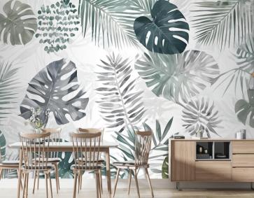 Retro Tropikal Yaprak Desenli Duvar Kağıdı 