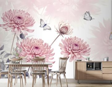 Retro Suluboya Pembe Karahindiba Çiçeği Sanat Duvar Kağıdı 