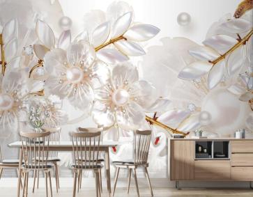 Suda Kuğu Ve Çiçekli Arka Planlı 3D Duvar Kağıdı