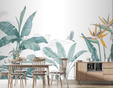 Kuşlu Tropikal Muz Yaprağı Duvar Kağıdı