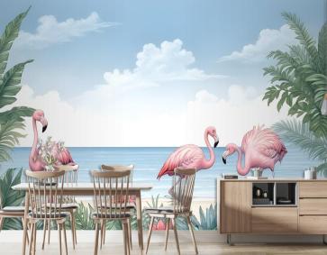 Flamingolu Tropikal Manzara Duvar Kağıdı