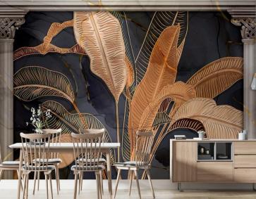 Tropikal Yapraklar Sütunların Arasında 3D Duvar Kağıdı