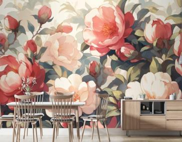 Beyaz Arka Planlı Vintage Kamelya Deseni Duvar Kağıdı