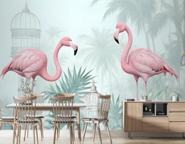 Tropikal Yapraklı Vintage Pembe Flamingo Duvar Kağıdı
