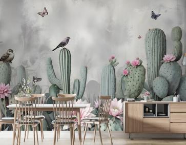 Çiçekli Suluboya Kaktüs Duvar Kağıdı