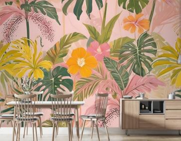 Suluboya Renkli Yaz Tropikal Yaprak Duvar Kağıdı