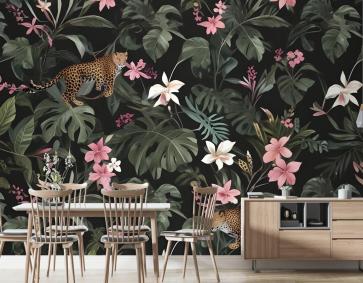 Leopar Duvar Kağıdı  Ile Suluboya Koyu Tropikal Sanat