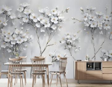 Suluboya Resim Beyaz Çiçekler Duvar Kağıdı 