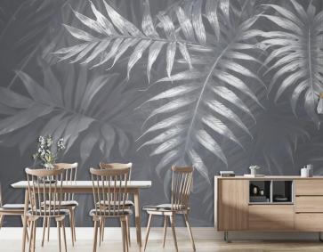 Beyaz Tropikal Yapraklı Duvar Kağıdı 