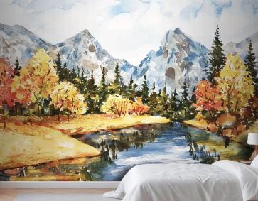 Suluboya Sonbahar Manzara Yatak Odası Duvar Kağıdı