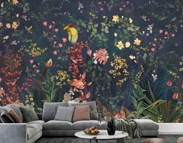 Egzotik Kuşlar Ve Çiçeklerle Vintage Çiçekli Duvar Kağıdı