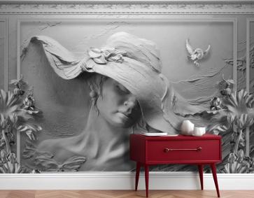 3D Duvar Kağıdı Mor Şapkalı Kadın Gri Soyut Taş Arka Plan