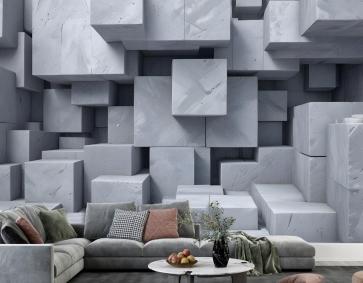 3D Görünümlü Beton Tarzı Gri Soyut Küpler Duvar Kağıdı