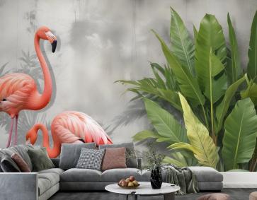 Tropikal Yapraklı 3D Görünümlü Pembe Flamingo Duvar Kağıdı