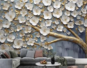 Soyut Sanatsal Arka Plan Çiçekler Dallar Altın Ve Tuval Boyama Duvar Kağıdı Duvar