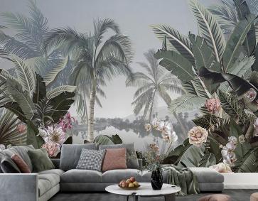 Renkli Çiçekler Ve Tropikal Yapraklar Duvar Kağıdı