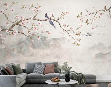 Kiraz Çiçeği Çiçekleri Ve Kuş Duvar Kağıdı  Ile Chinoiserie