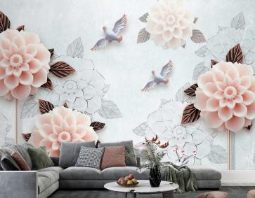 Ağaçlı Pembe Çiçek Ve Kuşlar 3D Duvar Kağıdı