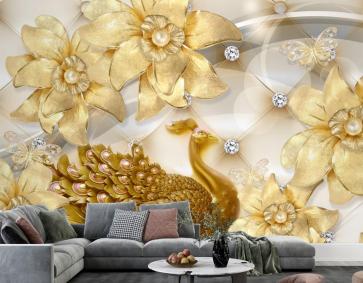 Altın Çiçekli Arka Planlı 3D Duvar Kağıdı Tasarımı