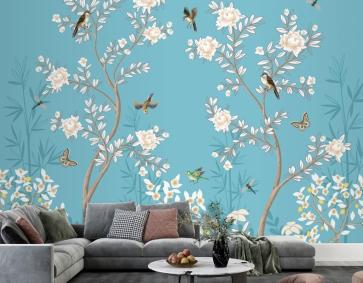 Şakayık Ve Kuşlarla Çin Duvar Kağıdı Duvar Kağıdı