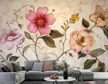 Çiçek Yaprak Ve Kalp Vintage Duvar Kağıdı