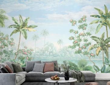 Dağ Manzaralı Çiçekler Tropikal Duvar Kağıdı