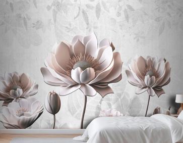 Çiçek Boyama Açık Gri Arka Plan Yatak Odası Duvar Kağıdı