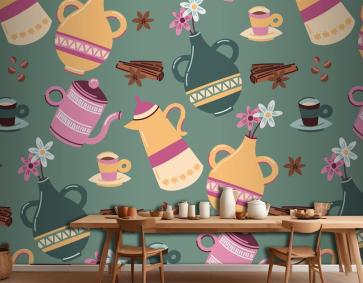 Elle Çizilmiş Renkli Kahve Desenli Mutfak Duvar Kağıdı