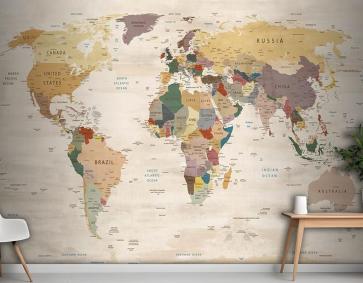 Krem Renk Zemin Detaylı Dünya Haritası Duvar Kağıdı
