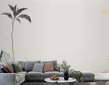 Bej Arka Planda Detaylı Oryantal Yapraklar Ve Altın Duvar Kağıdı