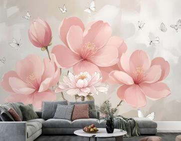 Küçük Kelebekli Pembe Hdrangea Çiçek Duvar Kağıdı