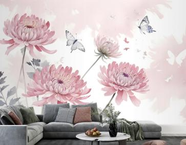 Retro Suluboya Pembe Karahindiba Çiçeği Sanat Duvar Kağıdı 