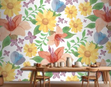 Zambaklarla Suluboya Çiçek Arka Plan Mutfak Duvar Kağıdı