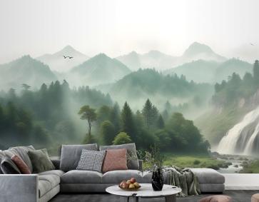 Puslu Yeşil Orman Manzarası Duvar Kağıdı Duvar Ile Şelale