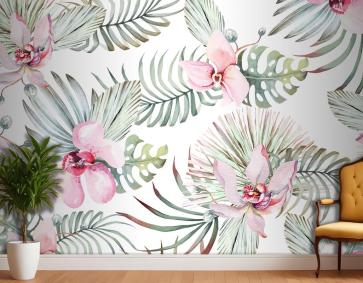 Tropikal Bitki Orkidesi Ve Çiçeklerinin Kusursuz Deseni Yatak Odası Duvar Kağıdı