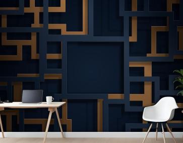 Kağıt Kesim Tarzı Ofis Duvar Kağıdı Duvarında 3D Mavi Ve Altın Çizgiler