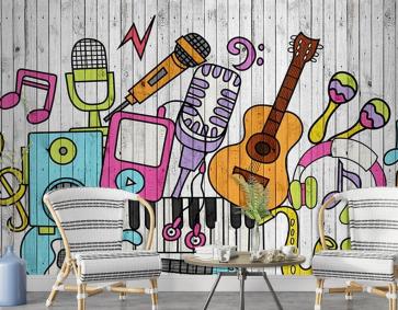 Ahşap Zemin Renkli Müzik Aletleri Duvar Kağıdı