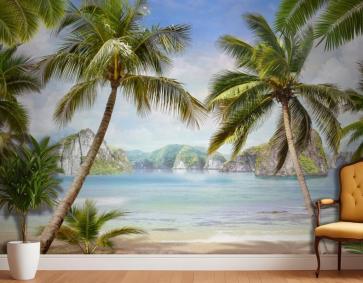 Doğa Palmiye Ağacı Ve Ada Deniz Manzaralı Duvar Kağıdı