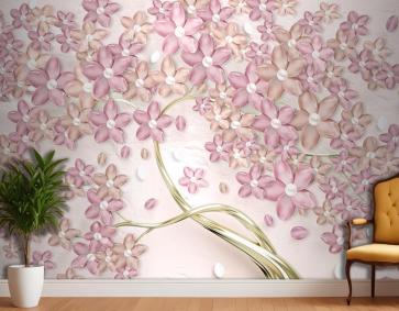 Gold Ağaç Pembe Çiçekler 3D Duvar Kağıdı