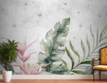 Gri Yatak Odası Duvar Kağıdı Duvar Çiziminde Yeşil Dallar Ağaç Yaprakları